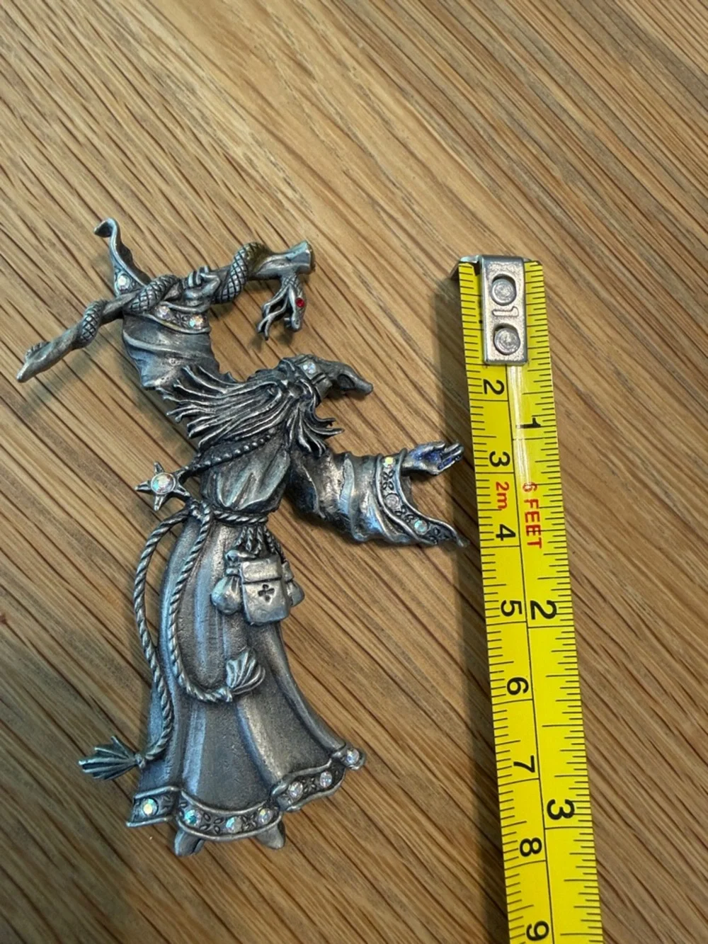 Vintage JJ Design Wizard & Serpent Staff Pewter Brooch Pin. 1980s